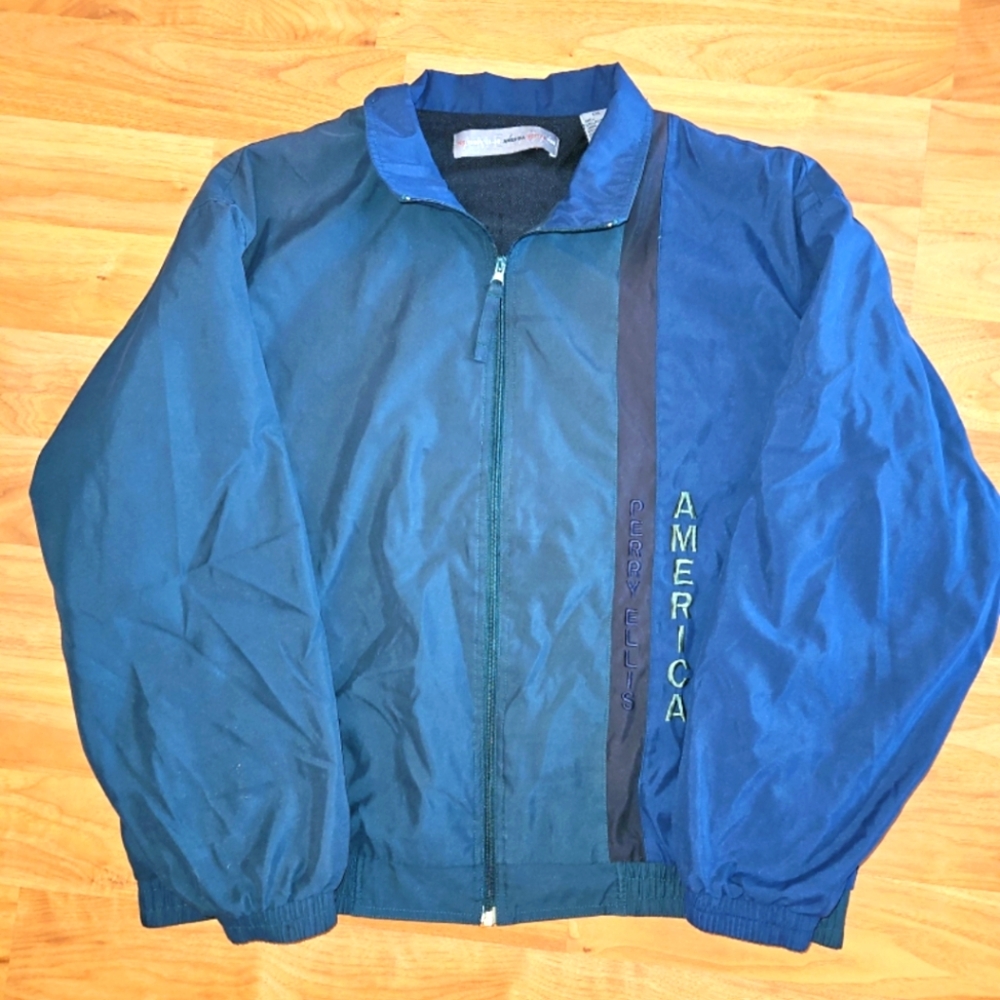 Perry Ellis Blue Windbreaker Jacket with Full-Length Zipper